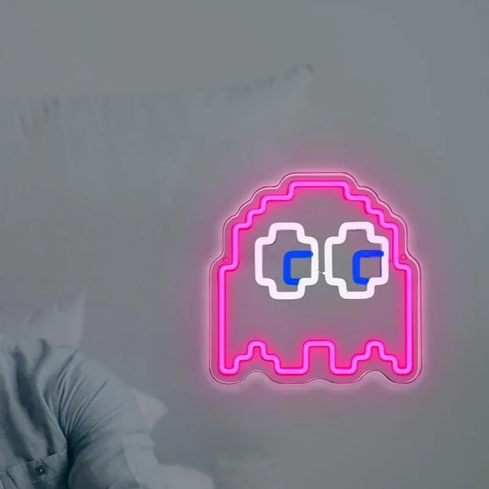 👻 Pixel Ghost Neon Sign – LED Light-Up Wall Decor for Game Room,