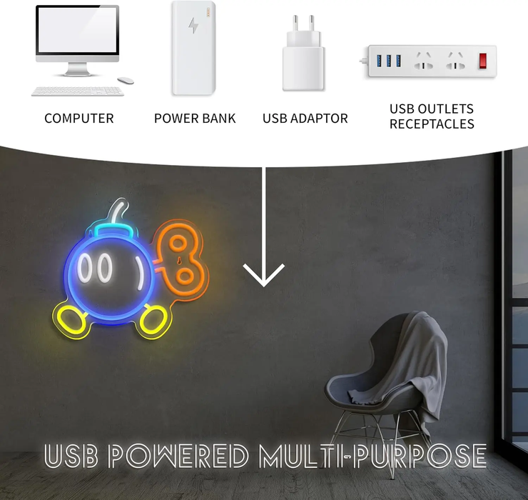 💣 Bob-Omb Neon Sign 💡 Gamer Room LED Light USB Powered Wall Decor 12in