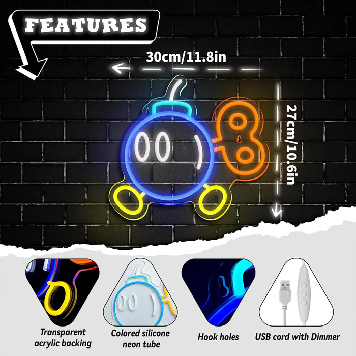 💣 Bob-Omb Neon Sign 💡 Gamer Room LED Light USB Powered Wall Decor 12in