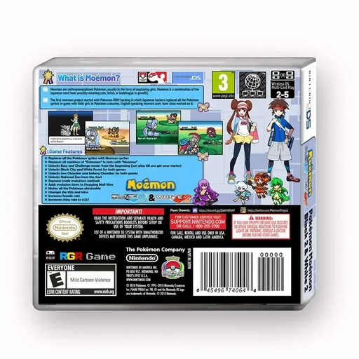 Back view of a video game box with character illustrations and text on a white background