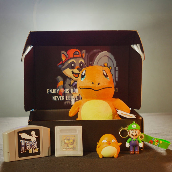 BJ’s Game Vault Vault Box monthly retro gaming subscription featuring Pokémon Charmander plush ROM hack cartridges collectibles and exclusive gaming merchandise