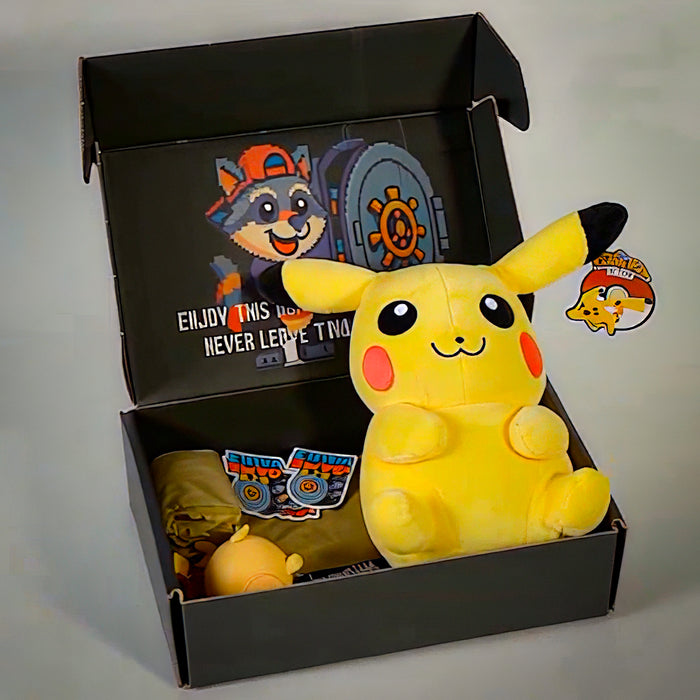 Limited edition Vault Box retro gaming subscription from BJ’s Game Vault featuring Pokémon Pikachu plush exclusive ROM hack games and collector items