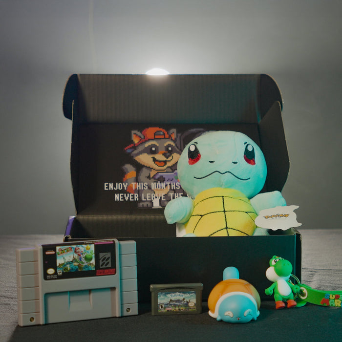BJ’s Game Vault Vault Box Pokémon themed retro gaming subscription with Squirtle plush ROM hack cartridges collectibles stickers and bonus items