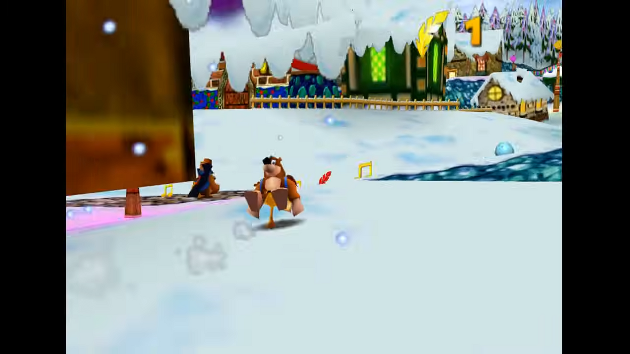 Banjo and Kazooie exploring Santa's Village in the snow on N64