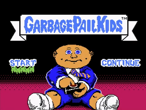 Garbage Pail Kids game screen with character in blue suit and white shoes, surrounded by other characters.