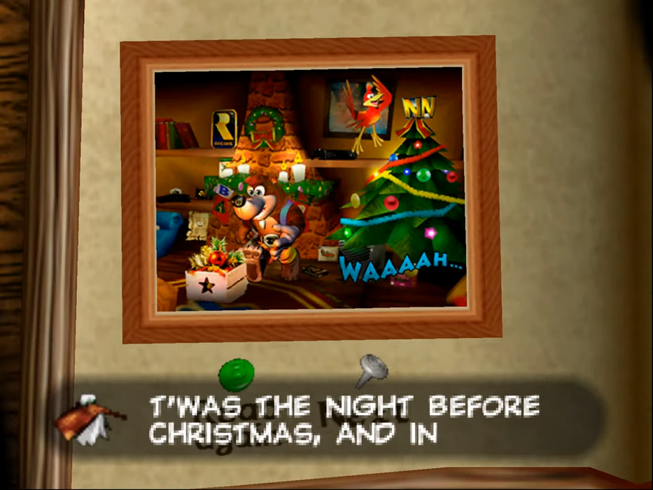 Banjo-Kazooie Nightbear Before Christmas title screen on Nintendo 64