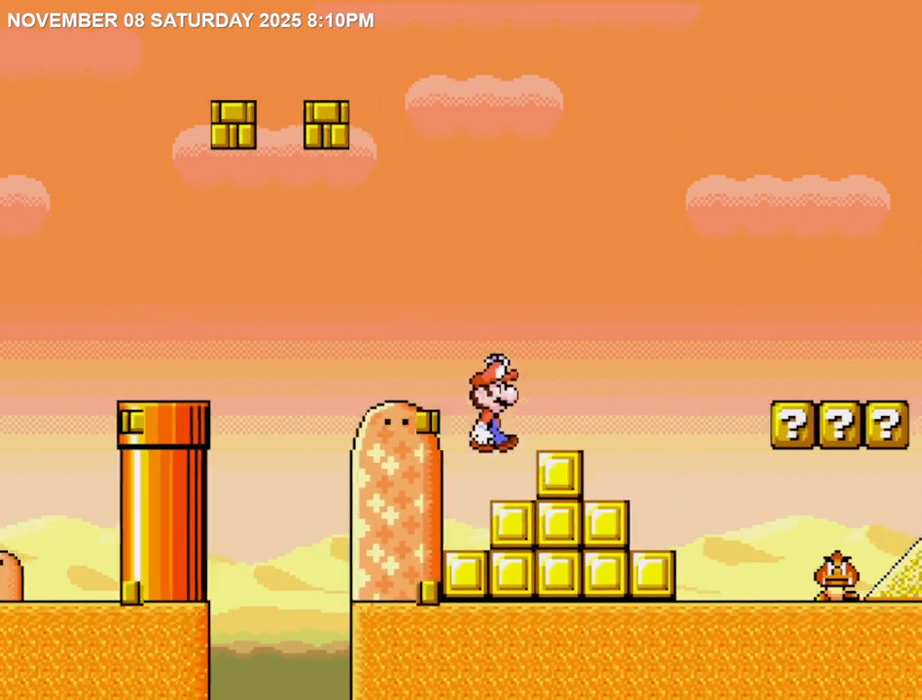 Screenshot of a video game with a character on platforms and a live stream overlay.