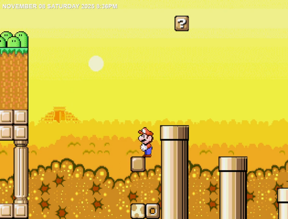 Super Mario game screen with character on pipe, yellow background, and overlay with social media icons.