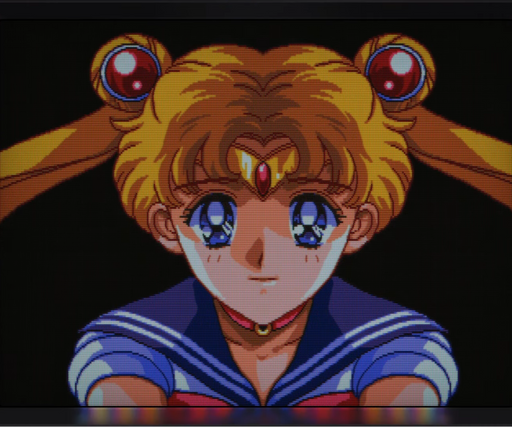 Animated character with blonde hair and blue eyes, wearing a sailor uniform, on a dark background.