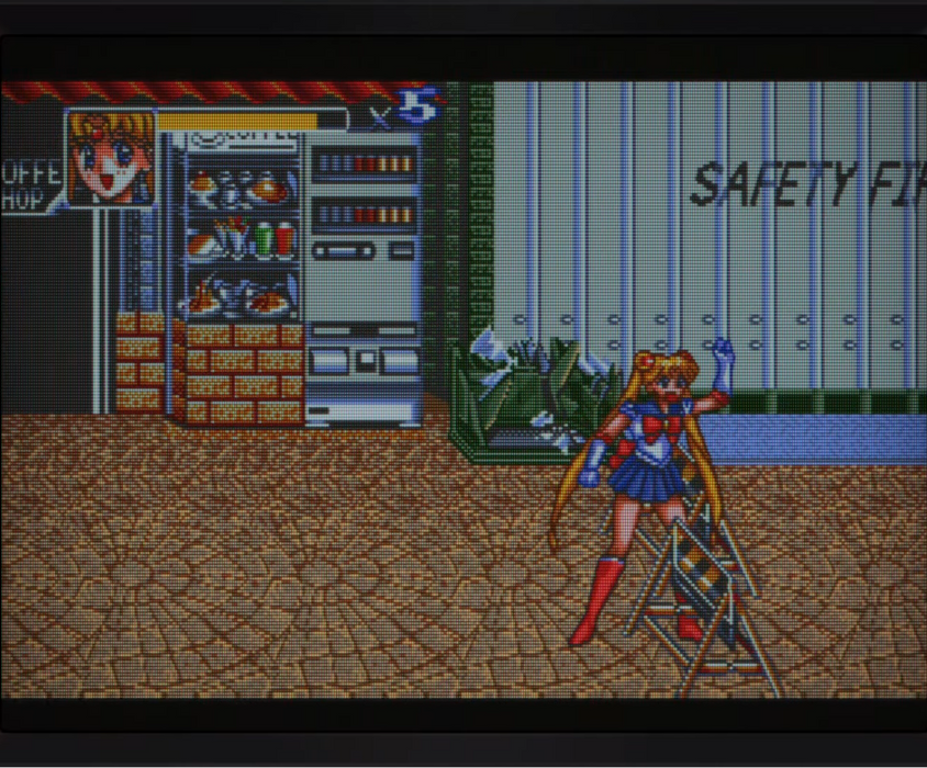 Vintage video game screen with character and interface, framed with Sailor Moon-themed decorations.