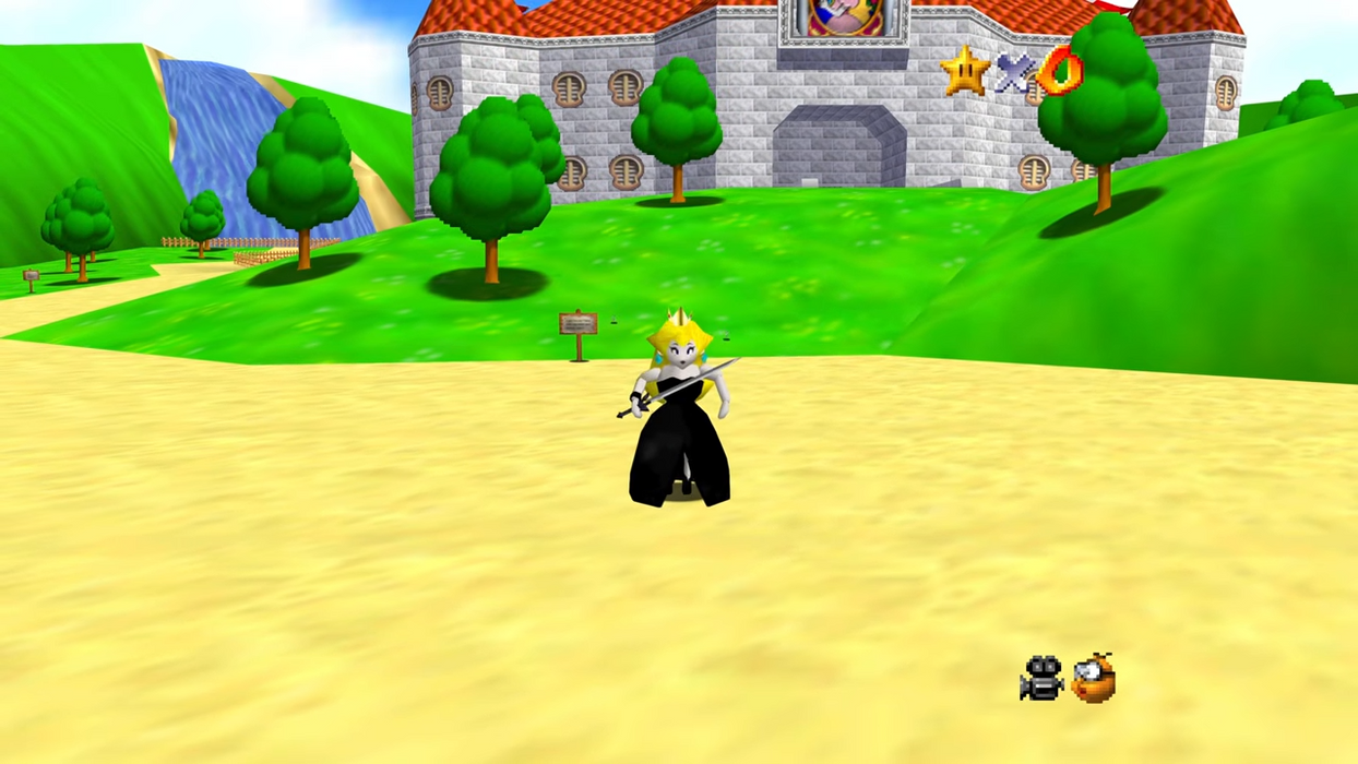 Goth Peach exploring Peach's Castle in Super Mario 64 hack
