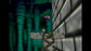 A retro video game scene showing a small Mario-like character floating above a metallic platform, with a dark green forest on the left and a gray brick wall on the right.