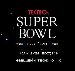 Tecmo Super Bowl NCAA 2K26 title screen on NES