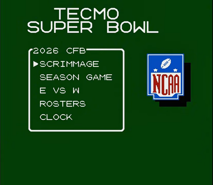 Tecmo Super Bowl NCAA 2K26 title screen on NES