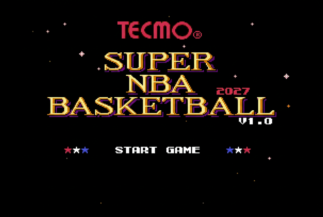 Tecmo Super NBA Basketball 2026-27 title screen on Super Nintendo
