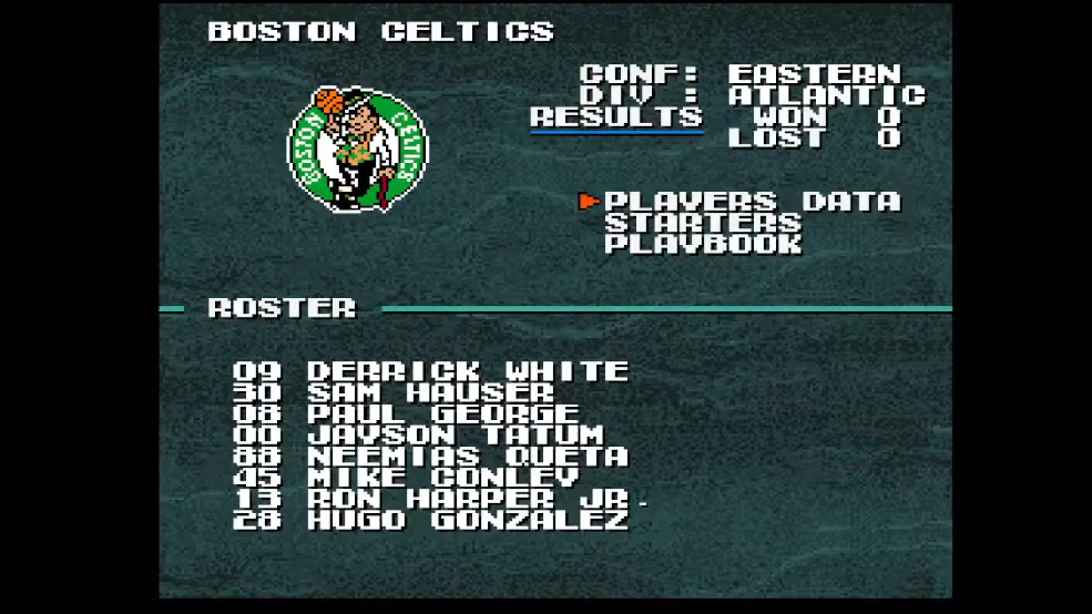 Tecmo Super NBA Basketball 2026-27 team screen on Super Nintend Celtic