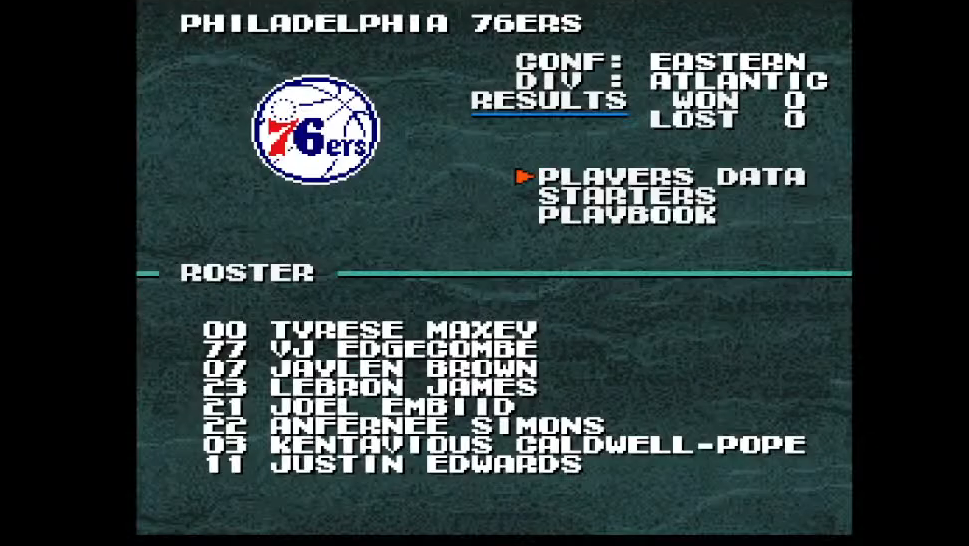 Tecmo Super NBA Basketball 2026-27 team screen on Super Nintend 76