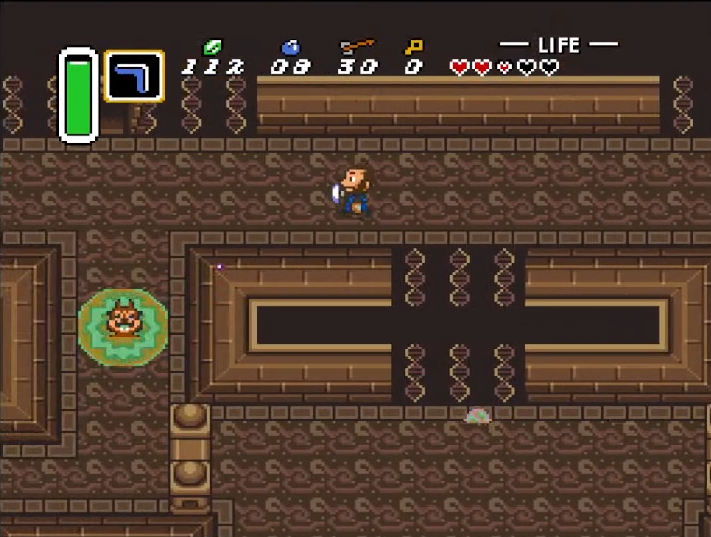 Pixelated game screen with character and inventory interface on a brown brick wall background