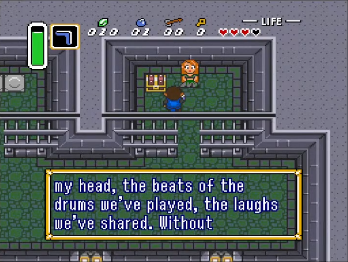Game screen with text overlay on a platformer game interface