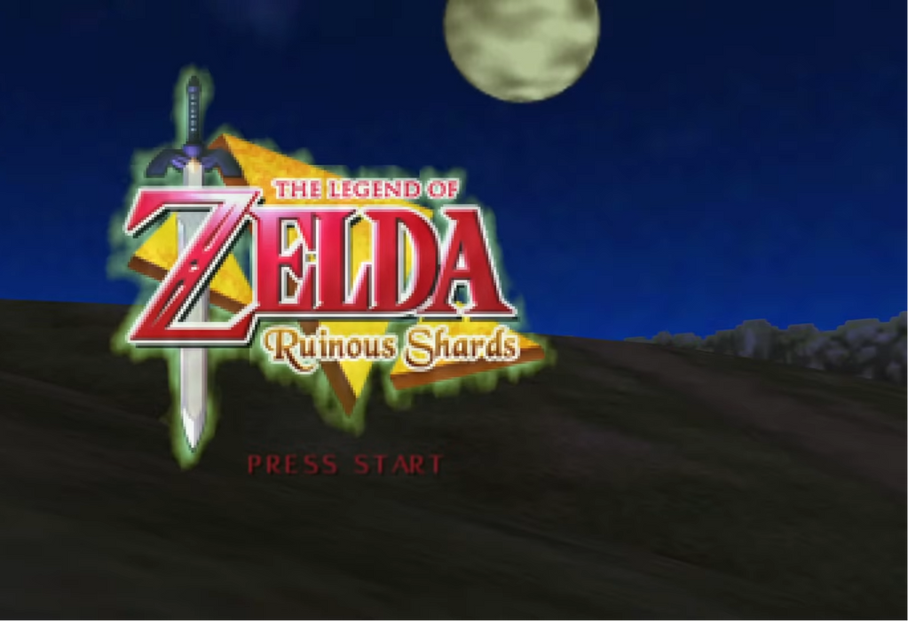The Legend of Zelda: Ruinous Shards video game cover art with a small streamer inset in the top-left corner, showing the game title logo over a dark blue night sky and grassy landscape, with 'PRESS START' text below.