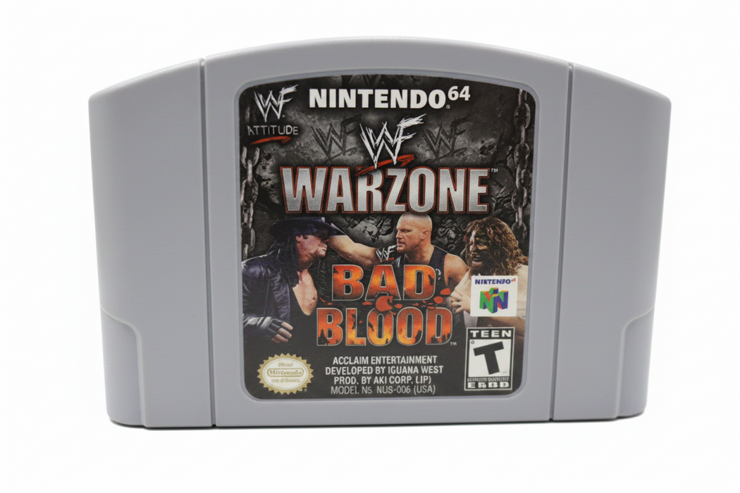 A Nintendo 64 game cartridge for WWE Warzone: Bad Blood, shown upright on a dark surface with a blurred store shelf background.