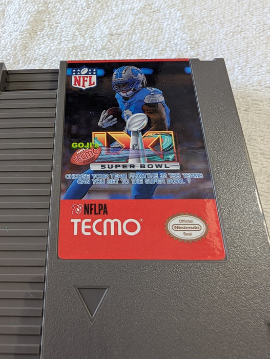 Goji's Tecmo Super Bowl LXI 2026-27 NES football cartridge label
