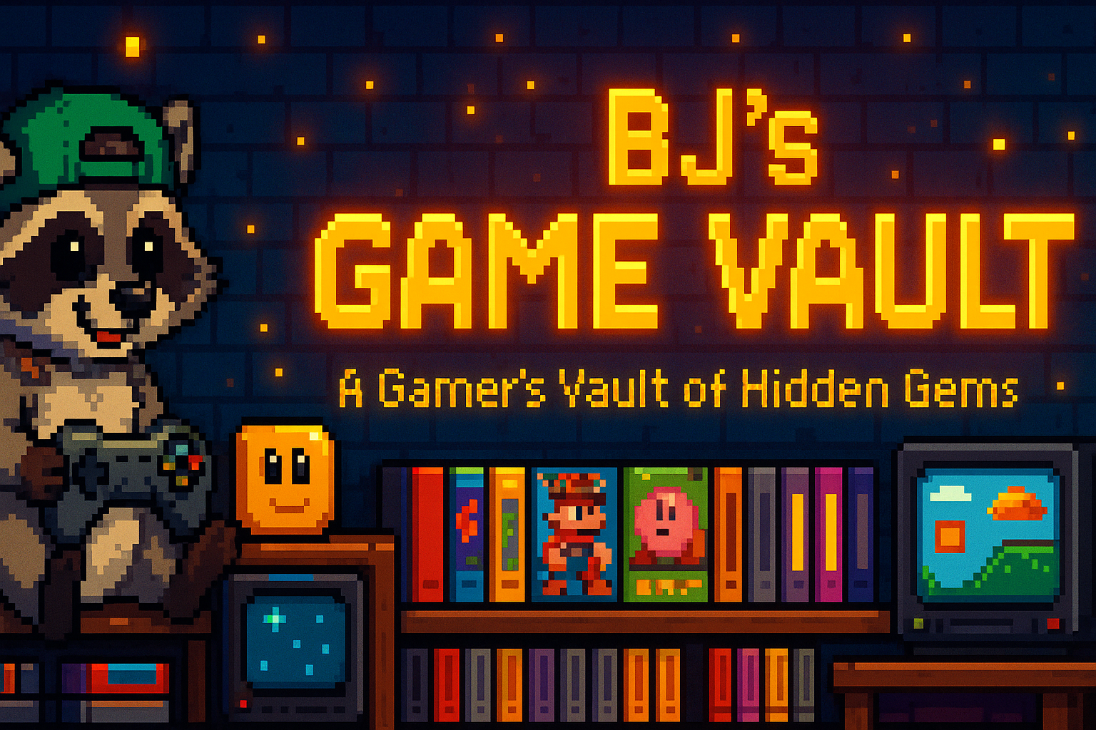 Pixel art design of a raccoon character with 'BJ's Game Vault' text and game-themed elements.