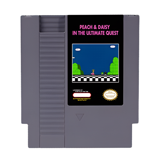 Nes game cartridge with a retro video game design on a pink background