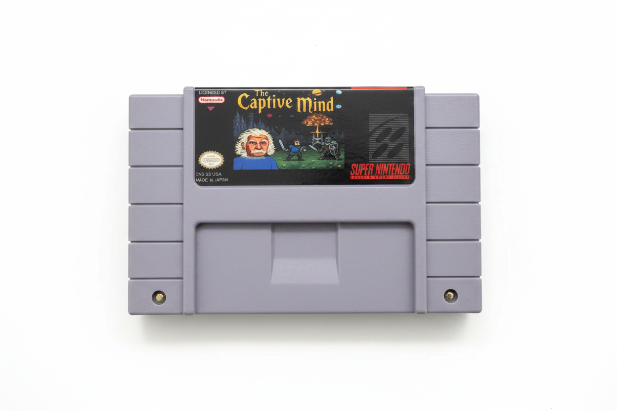 Super Nintendo Entertainment System game cartridge titled 'The Captive Mind' on a textured surface.