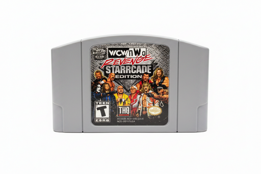 A vintage WCW 199: Raw Revenge Starrcade Edition N64 game cartridge in light gray plastic, resting on a dark wooden surface against a black background.
